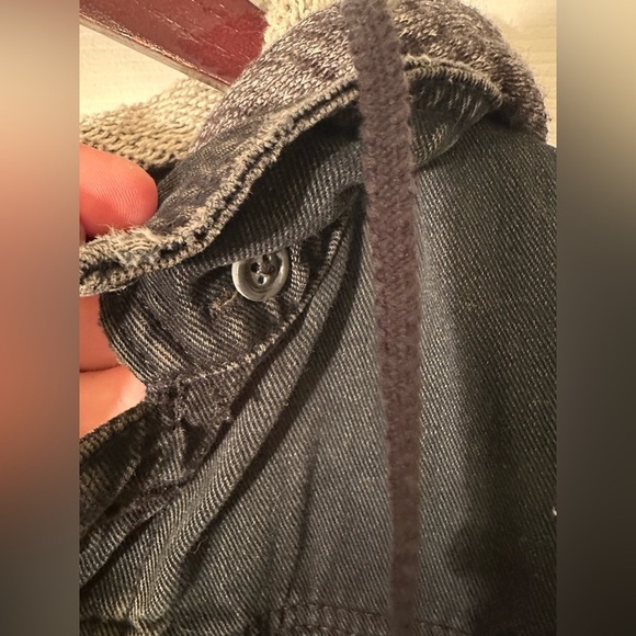 FREE PEOPLE Small Distressed Boho Knit Hooded Moto Jean Jacket Gray Black - Picture 5 of 10
